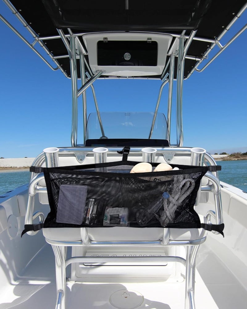 PLOZANO Boat Storage Bag with 3 Divisions, Adjustable Organizer, Mesh Tackle & Life Jacket Holder, Suspended Net for Leaning Post (24 INCH) - Image 1